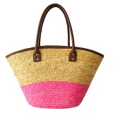 Straw Tote: Woven Wheat 2-tone w/ PU Leather Handles - Pink - BG-R11050PK